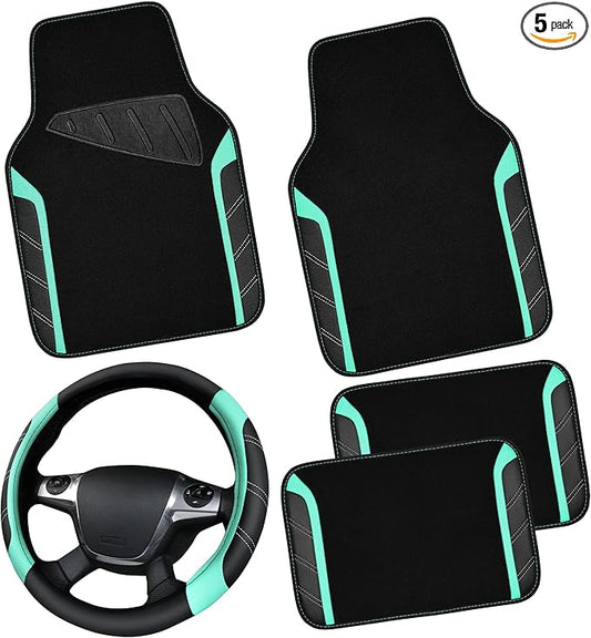 CAR PASS Leather Steering Wheel Cover and Waterproof Car Floor Mats,Microfiber Universal Car Combo Fit for 95% Sedan,SUV,Cars,14.5-15inch Sporty Anti-Slip Safety Comfortable Design(Black&Mint)