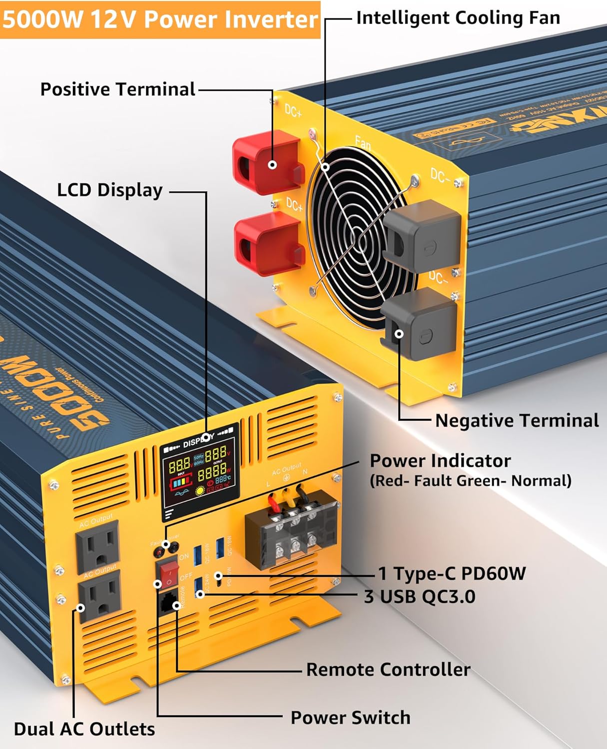 5000 Watt Power Inverter Pure Sine Wave 12V DC to 110V 120V 10000W Peak Heavy Duty Inverter with Remote Control and LED Display, 4 USB/Type-C Ports & 2 AC Outlets Car Charger for Vehicles RV
