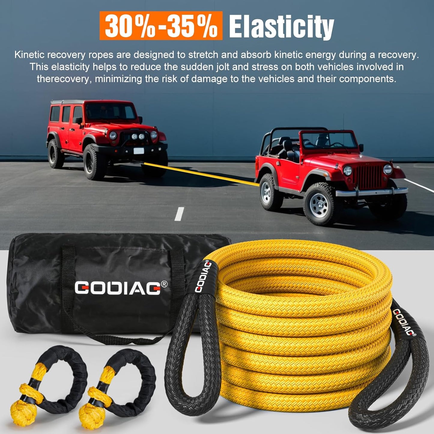 GODIAG 1"×20ft Kinetic Recovery Rope (33000lbs) Heavy Duty Energy Tow Rope with 2 Soft Shackles, Offroad Power Stretch Snatch Rope for Truck Jeep Car ATV UTV Tractor