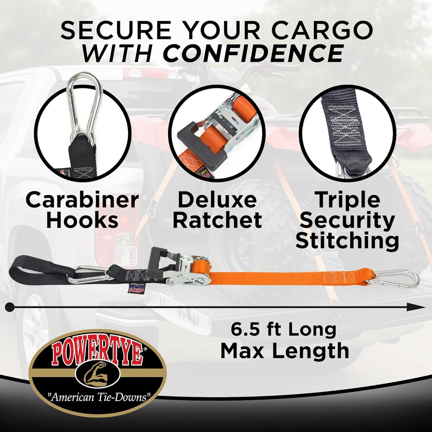 PowerTye 1.5in x 6.5ft Heavy Duty Ratchet Tie-Down Straps with Soft-Tye and Carabiner Hooks - 1,000 lb Working Load Limit / 3,000 lb Breaking Strength - Made in USA - Blue/Black Pair