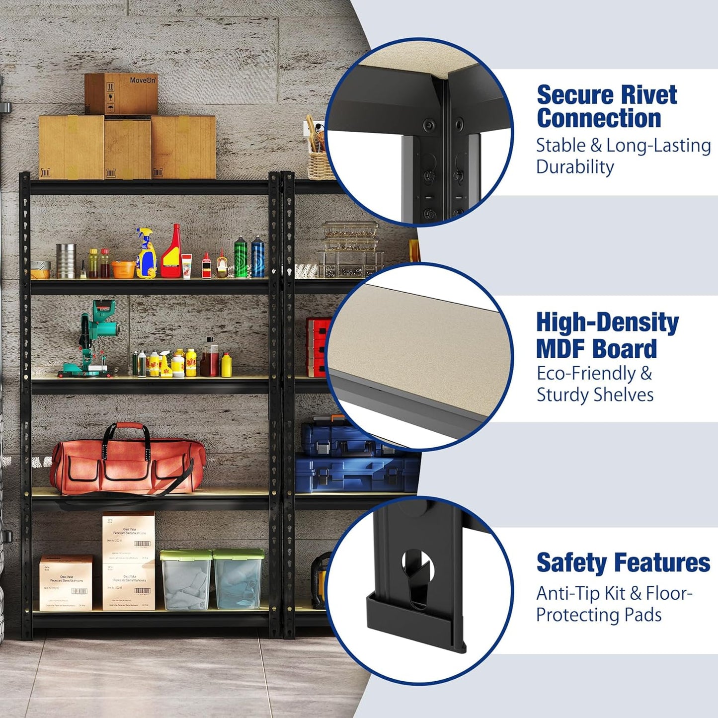 WORKPRO 5-Tier Storage Shelf, 72" H Heavy Duty Adjustable Garage Shelving Unit 2180LBS Capacity, for Basement, Kitchen, Pantry, 35.4”Wx11.8”Dx72”H, Black