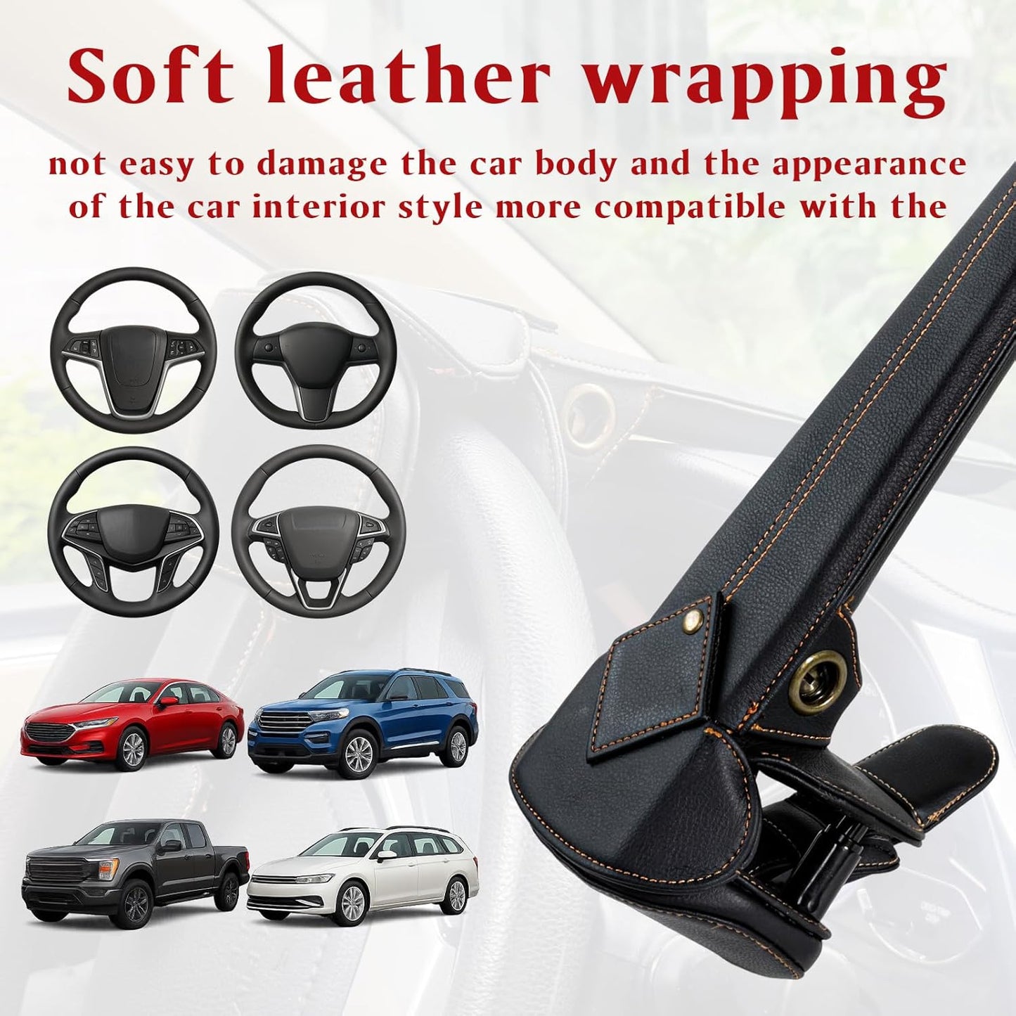 Amorin Leather Car Steering Wheel Lock Anti Theft Device Security Lock with Adjustable Length Fit for Cars Trucks Vans and SUVs with 2 Keys