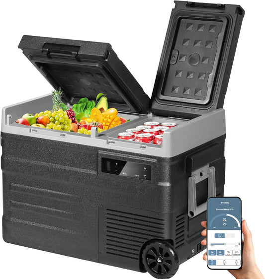 ELECAENTA 12 Volt Refrigerator, 43qt Dual Zone Car Fridge, Portable Freezer -4℉~68℉, Support DC/AC/Solar (Detachable Battery Optional), Electric Cooler for Camping Travel Fishing Road Trips