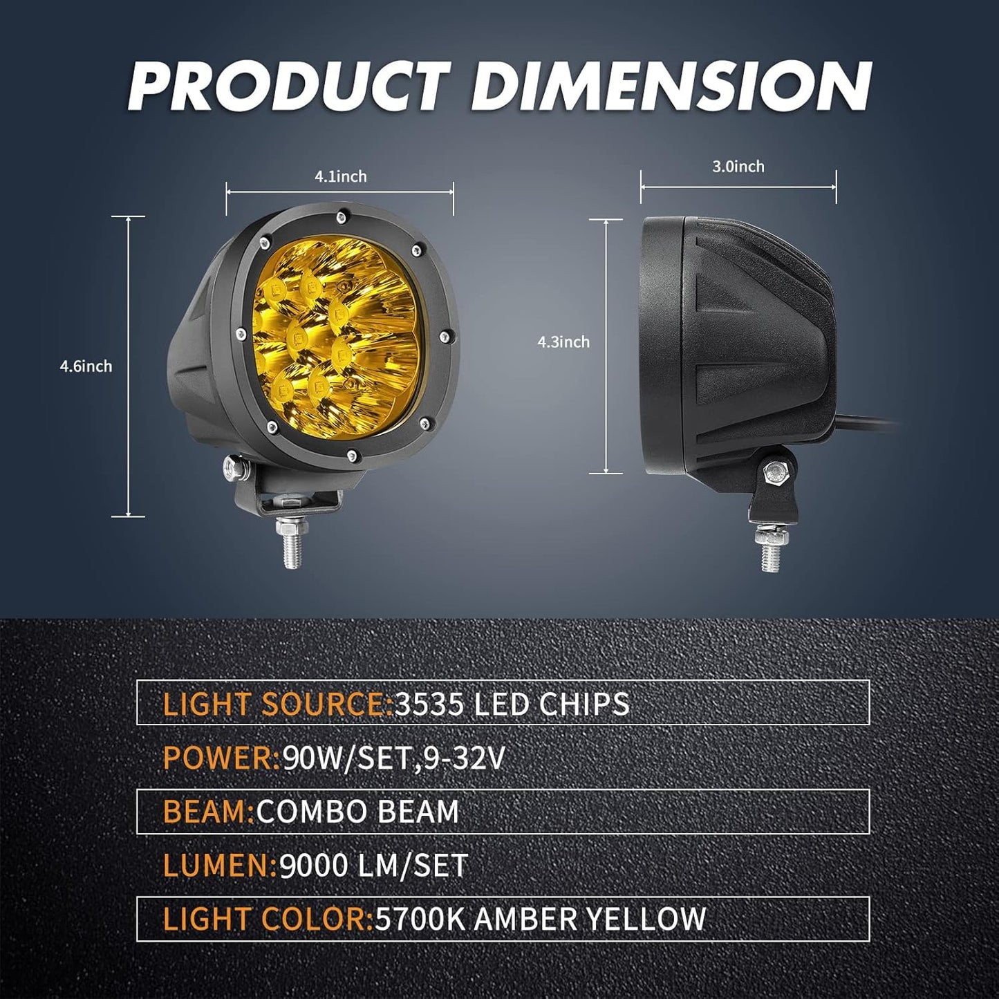 YCHOW-TECH 2PCS 4 Inch LED Amber Fog Lights 90W Yellow Round Offroad Light Bar Flood Beam Off Road LED Pods Bumper Ditch Lights Driving Work Light for Truck Boat Pickup ATV UTV SUV