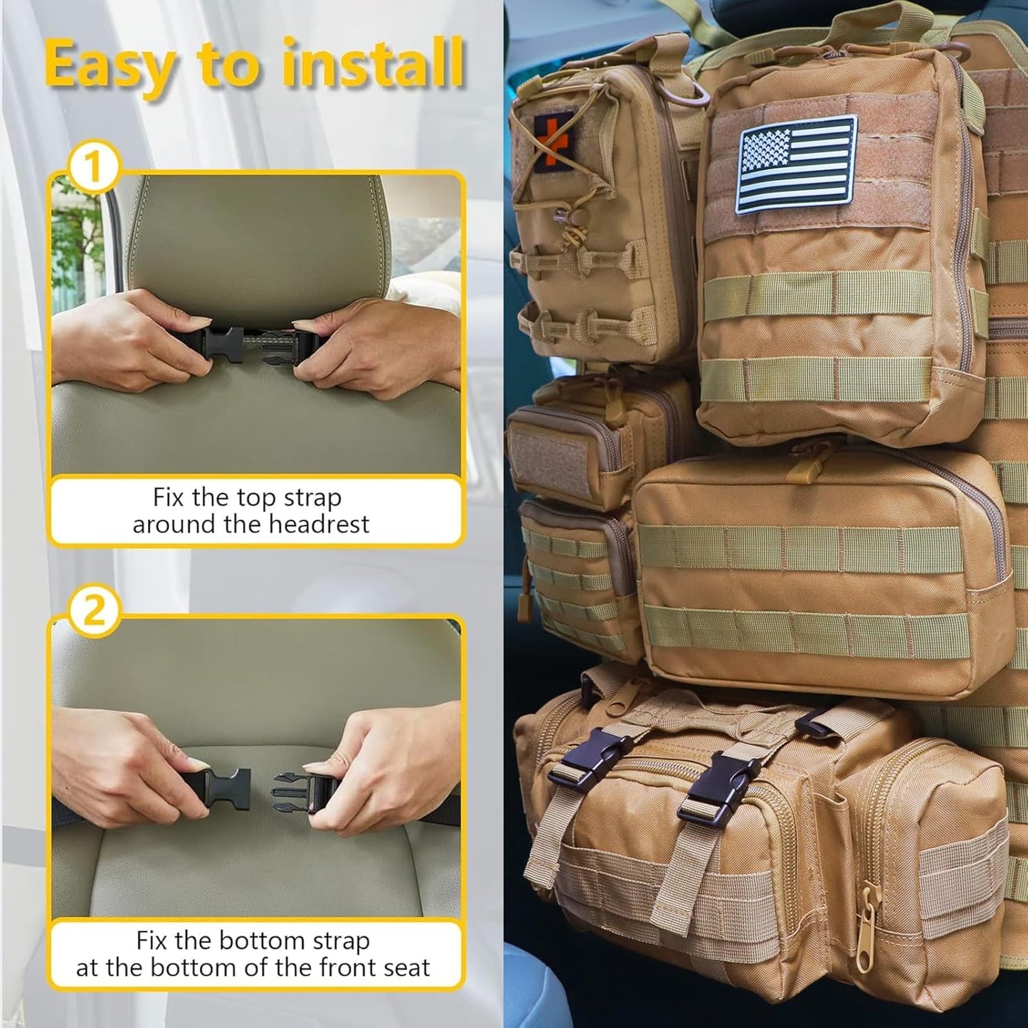 Universal Tactical Seat Back Organizer Vehicle Molle Panel Organizer Storage Bag with 5 Detachable Molle Pouch for All Vehicel Such as Jeep,Truck,SUV, Car, Ford,Chevy etc