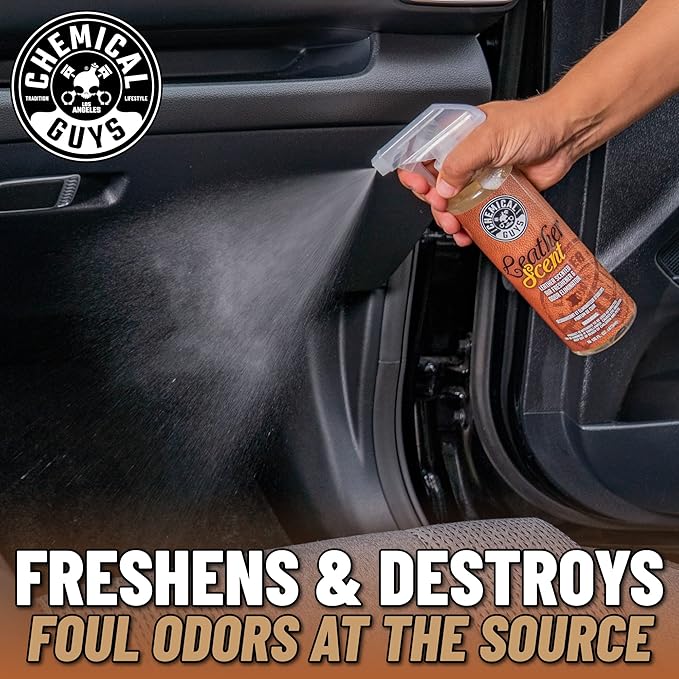 Chemical Guys AIR_102_1602 Leather Scent Premium Air Freshener and Odor Eliminator, Long-Lasting, Just Like New Scent for Cars, Trucks, SUVs, RVs & More, 16 Fl Oz (2 Pack)
