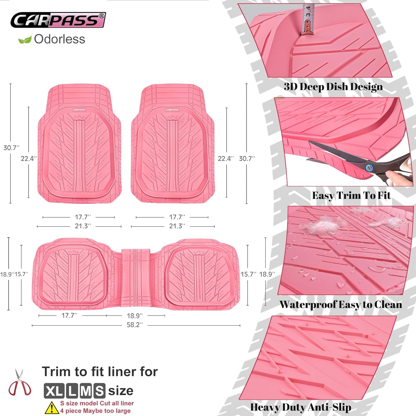 CAR PASS DeepDish Pink Floor Mats for Cars Full Set,Heavy Duty Rubber Car Mats 3-Piece,Universal Waterproof Trim-to Fit Automotive Floor Mats for Truck Van SUV, Durable All-Weather Car Mats (Pink)