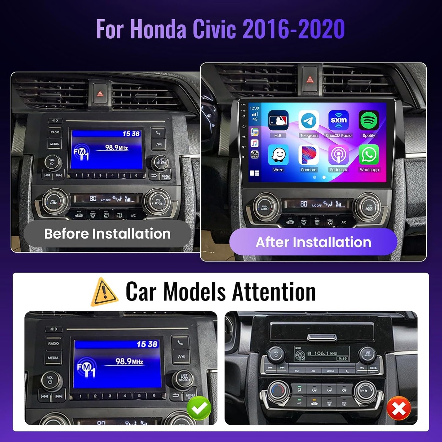 Wireless Carplay Car Stereo for Honda Civic 2016-2020 with 9-Inch Touchscreen, [Qualcomm 8-core 4+64GB] Upriding Android 13 Car Radio Android Auto BT5.1/DSP/Hi-Res Audio/WiFi/SWC/GPS/OTA+Backup Cam