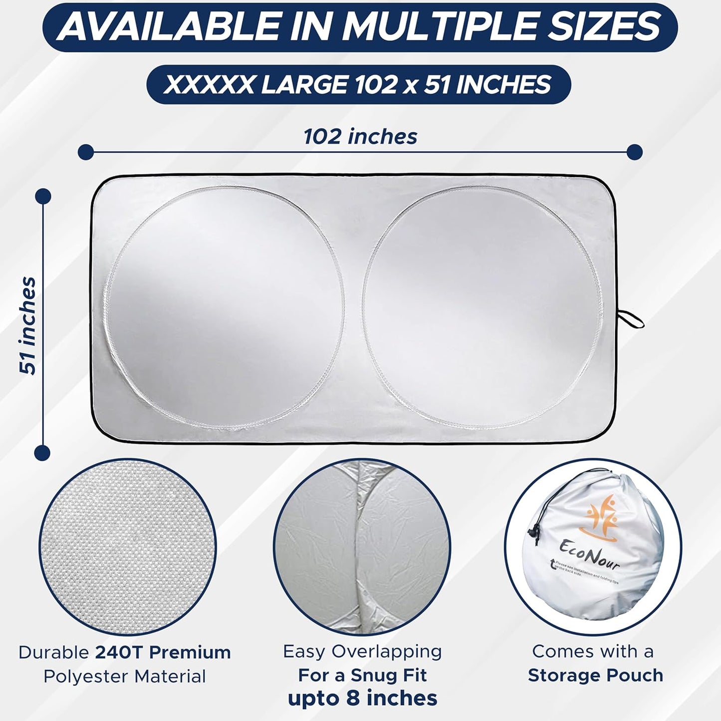 EcoNour RV Windshield Sunshade | Reflective RV Windshield Cover for UV Rays & Heat Protection, Keeps Your RV Motorhome Cool | Shades for RV Fits RVs, Trucks, Motorhomes, Buses | XXXXX-Large 102"x51"