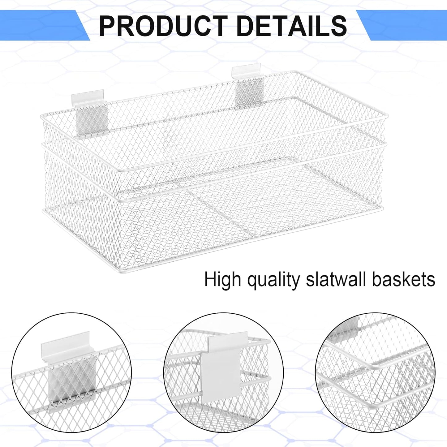 Barydat 4 Pcs Slatwall Basket Set Ventilated Metal Slatwall Basket Hanging Wire Bins Wall Mounted Accessories for Panel Garage Storage Display Organizing(Multi Size,White)