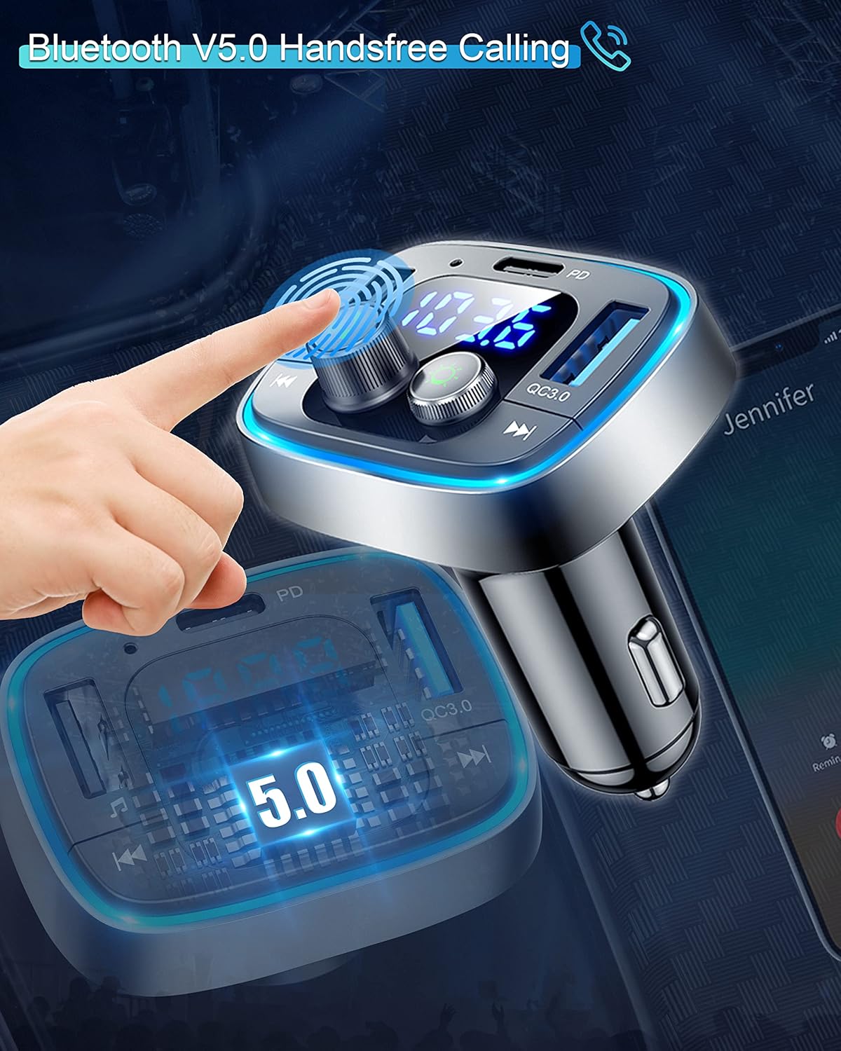 LIHAN USB C Bluetooth Adapter for Car, AUX Wireless FM Radio Transmitter, Handsfree Calling & Audio Receiver, MP3 Music Player, QC3.0 & Type-C PD USB Charger,7 Colors LED Backlit