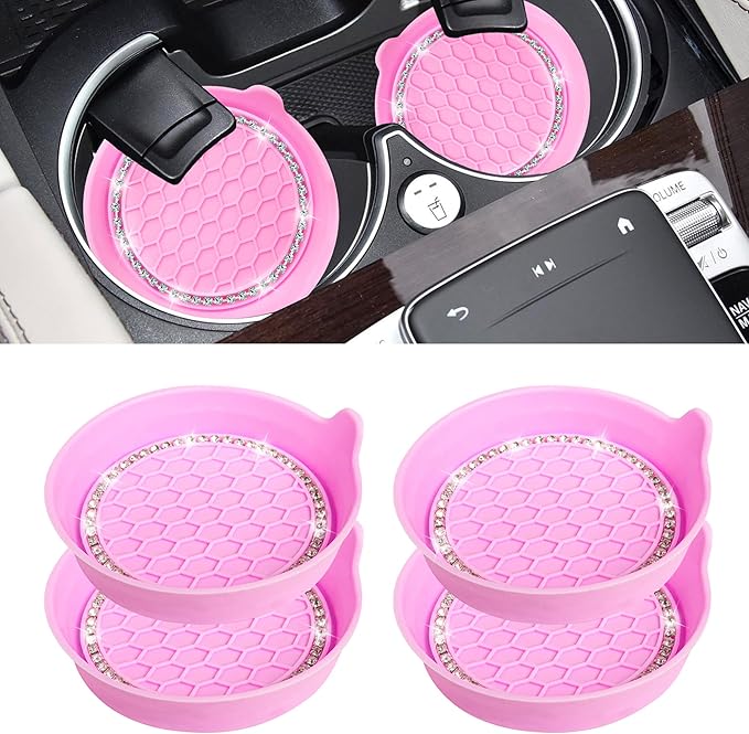 Amooca Car Cup Coaster Universal Non-Slip Cup Holders Bling Crystal Rhinestone Car Interior Accessories 4 Pack Pink