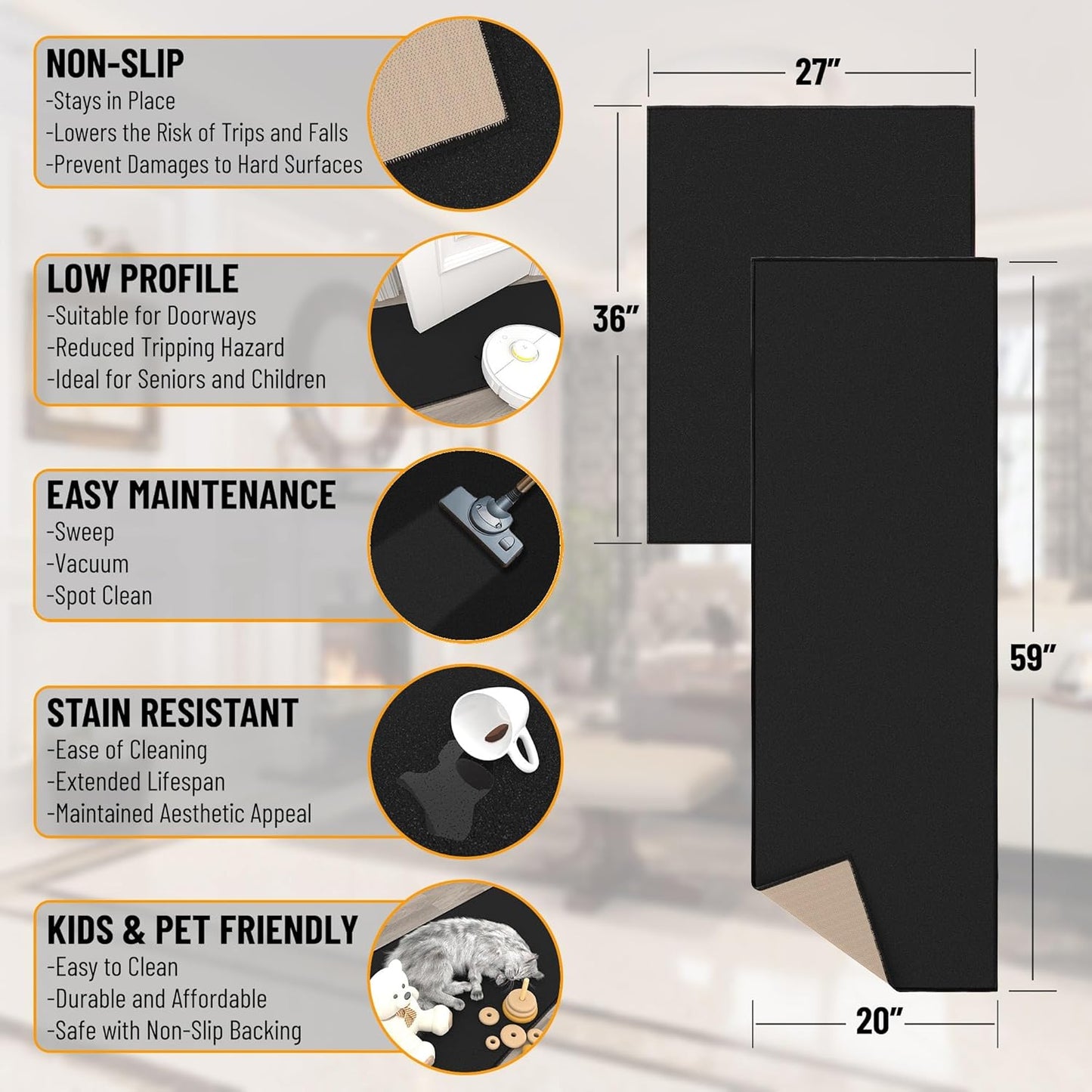 Ottomanson 2-Piece Kitchen Rug Set - Non Slip, Runner & Small Area Rug - Solid - 20" x 59" & 2'3" x 3' - Durable, Stain Resistant for Entryway, Bedroom and Bathroom, Black