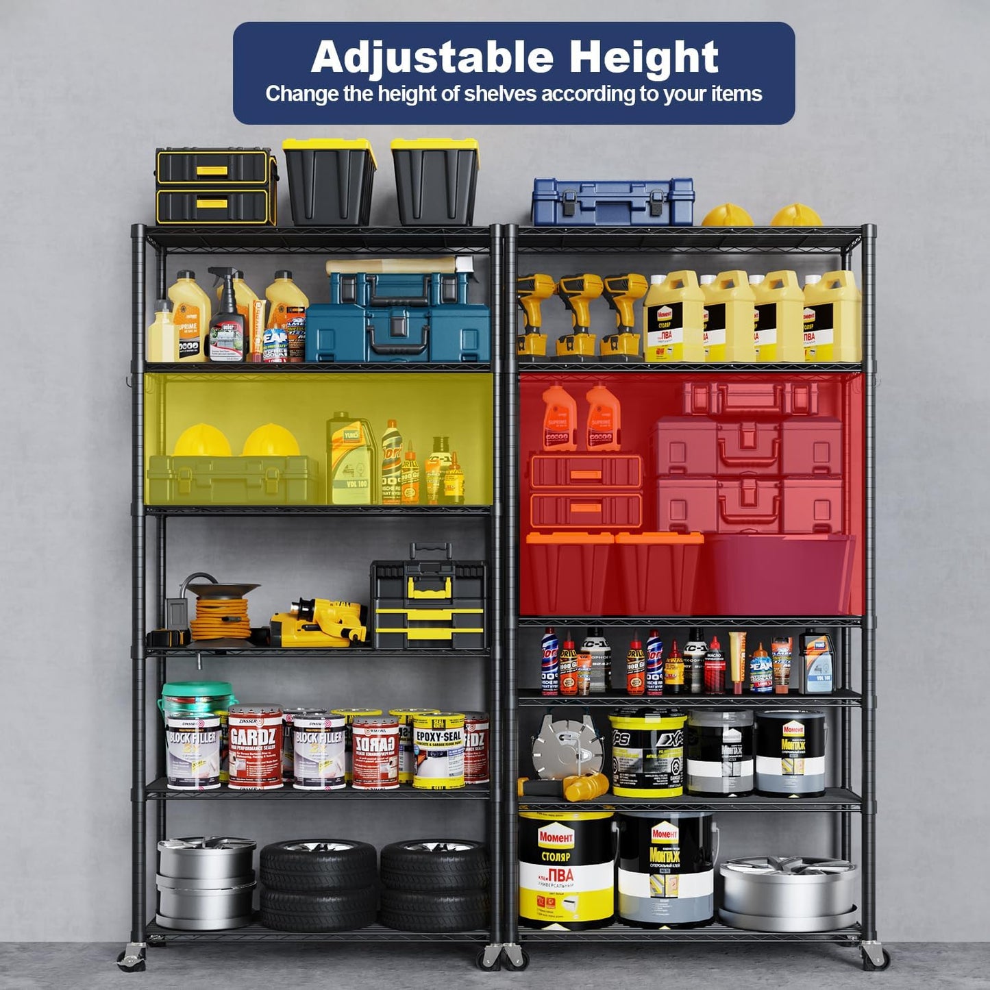 Himix 73''H X 35.5''W X14''D 6 Tier Wire Shelf with Wheels 10 Hooks, Adjustable NSF Wire Shelving Unit Heavy Duty Metal Storage Shelves Free Standing Rack Organization for Pantry,Kitchen,Garage