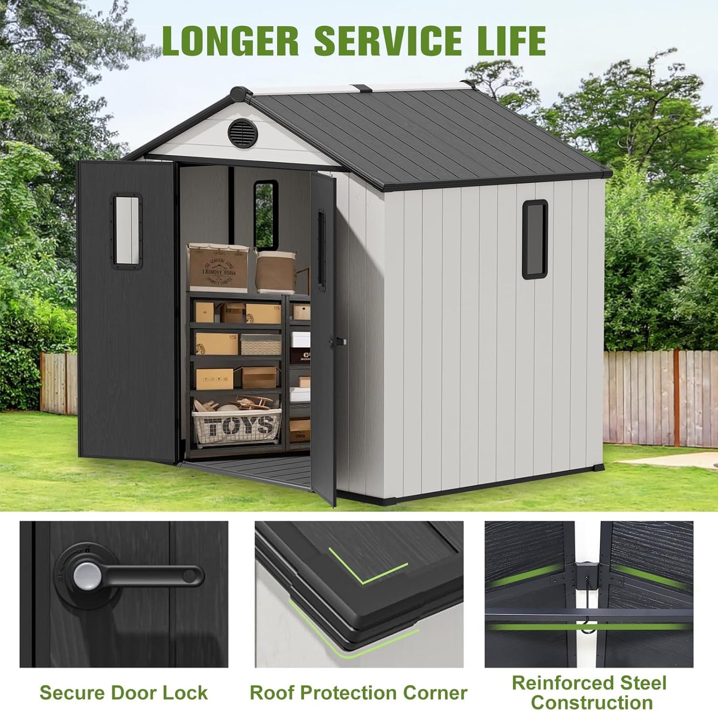 COOS BAY Resin Outdoor Storage Shed with Lockable Double Doors, Heavy-Duty Floor, All-Weather Garden Shed for Tools & Equipment, 8x6 ft, White/Gray