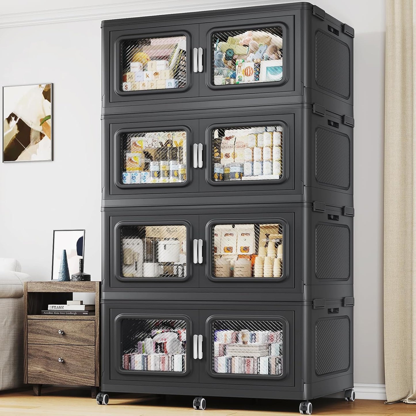 880 Qt Stackable Storage Bin with Lid, 220Gal Extra Large Collapsible Storage Boxes, Folding Plastic Drawer, Heavy-Duty Store Cabinet, Closet Organizer for Home Kitchen, 4 Pack Black