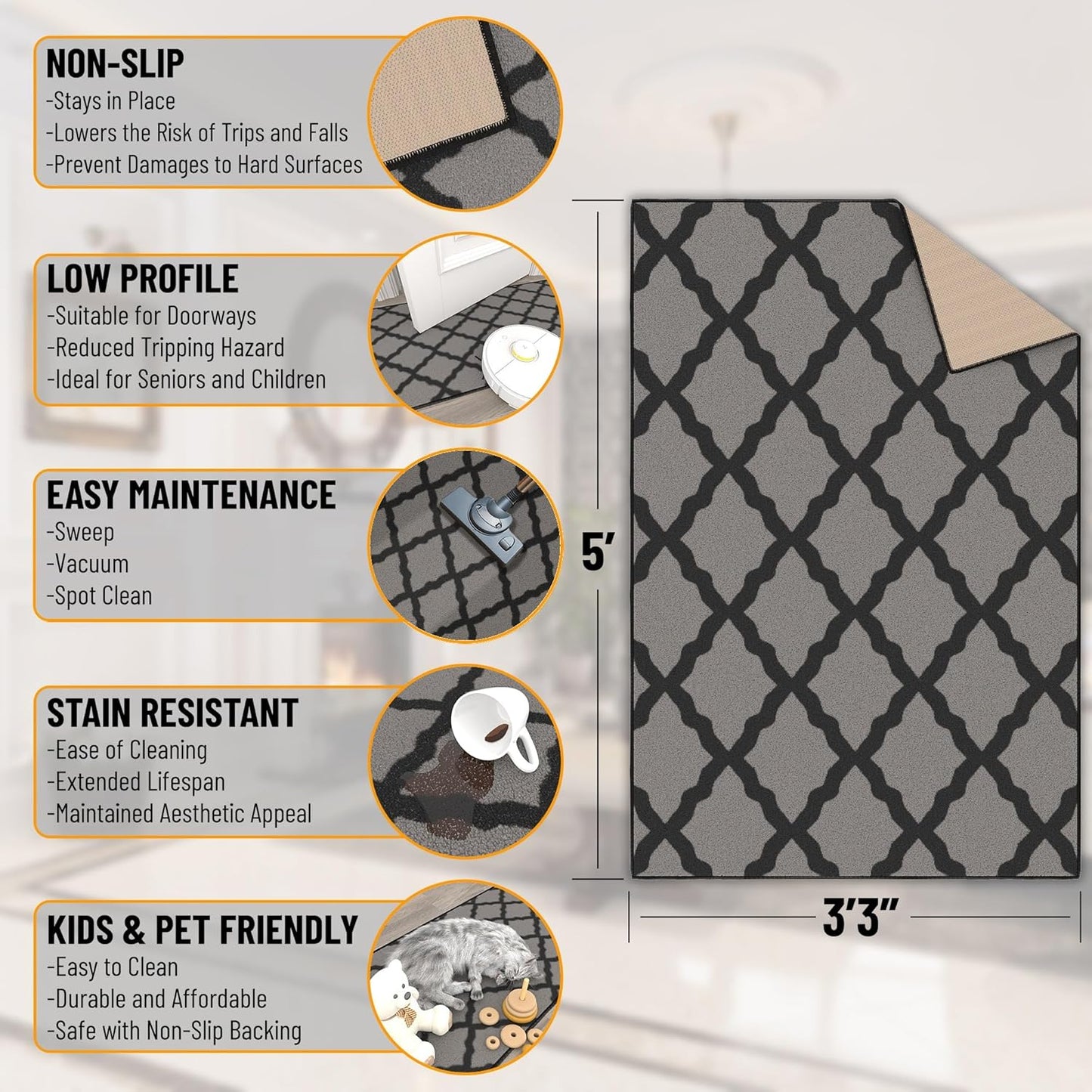 Ottomanson 3'3" x 5' Rugs for Living Room Trellis Area Rug for Bedroom - Non Slip Durable Large Floor Carpet for High Traffic Areas - Indoor Rug for Dining Room Kitchen Kids Playroom, Dark Gray