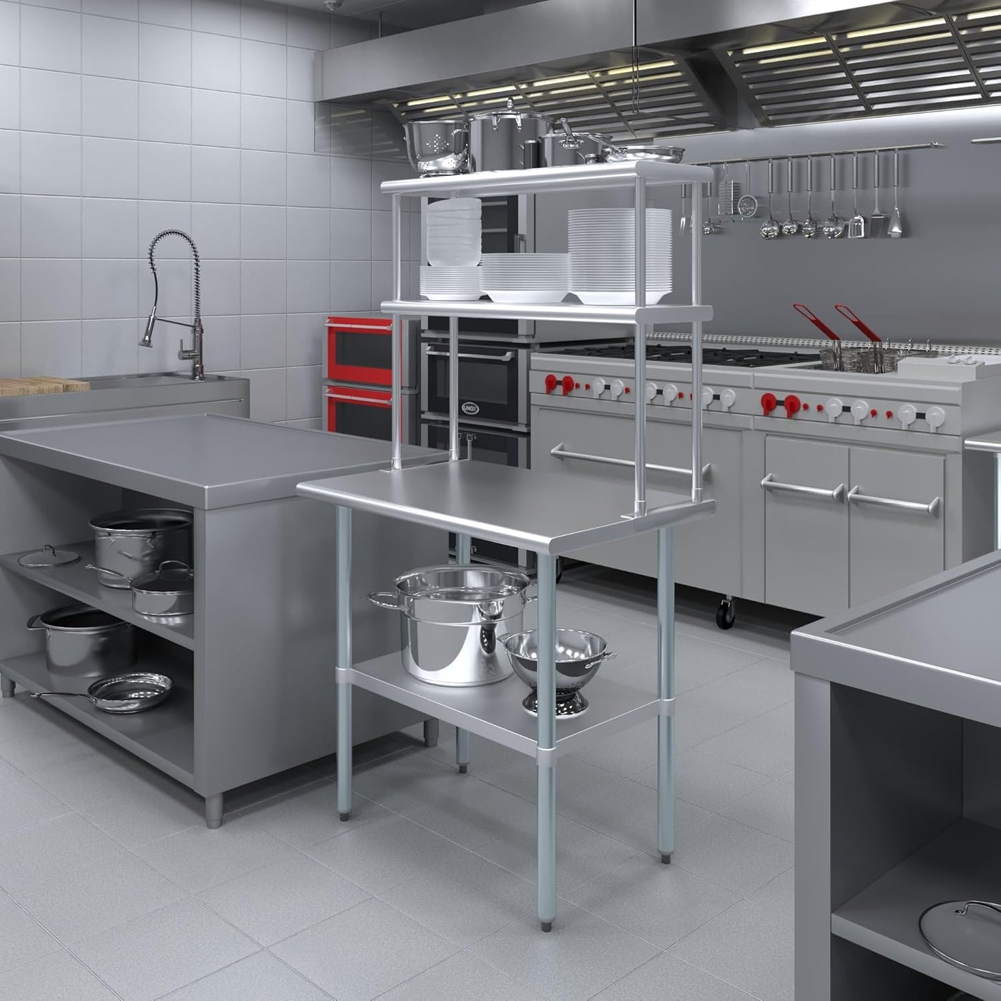 AmGood Stainless Steel Work Table Double Tier Overshelf | NSF (24" x 36" Work Table + 12" Overshelf)