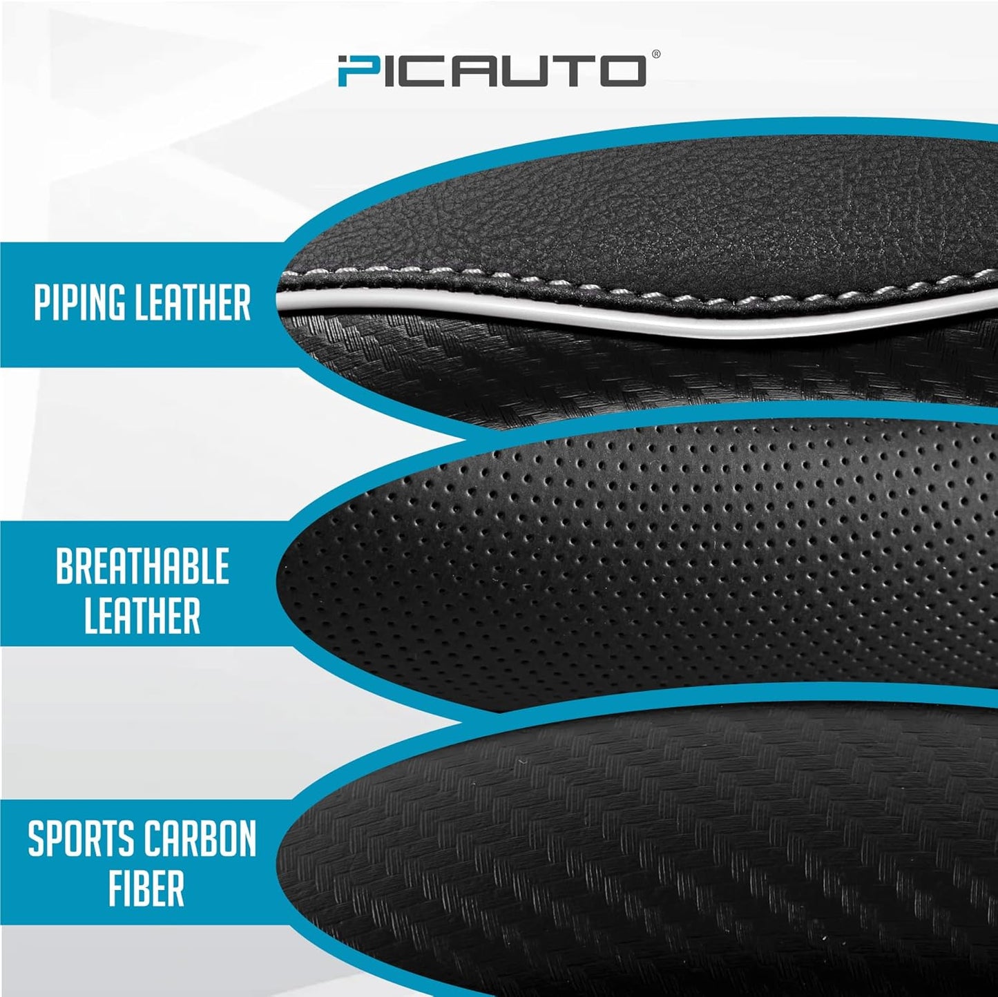 PIC AUTO Steering Wheel Cover, Gray Piping Leather, Sports Carbon Fiber and Super Breathable Leather, Universal 14.5-15.5 Inch Anti-Slip Steering Wheels Accessories for Men & Women