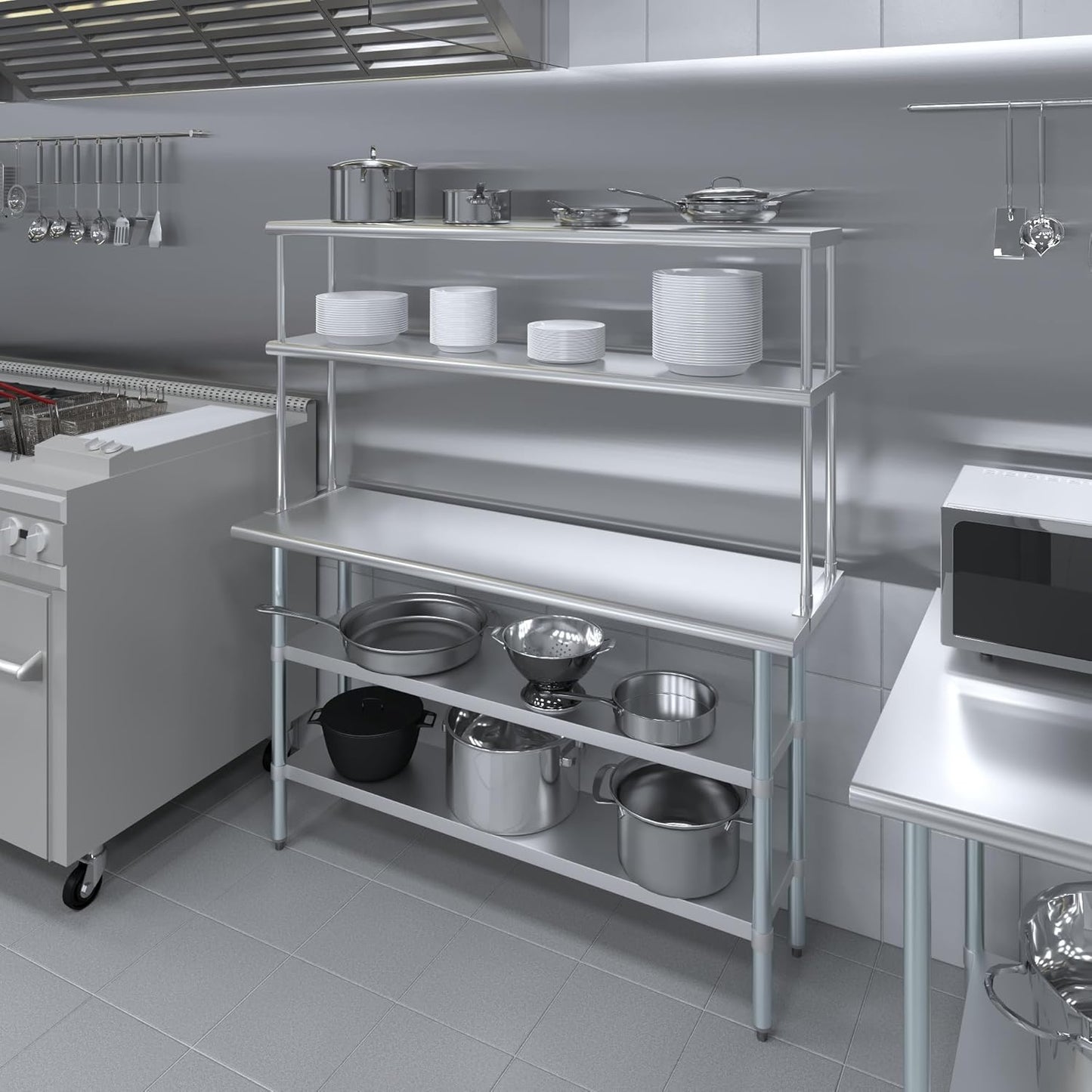 Amgood Stainless Steel Work Table with 2 Shelves | Metal Kitchen Prep Table & Shelving Combo (18" x 60" Table with 2 Shelves + 12" Overshelf)