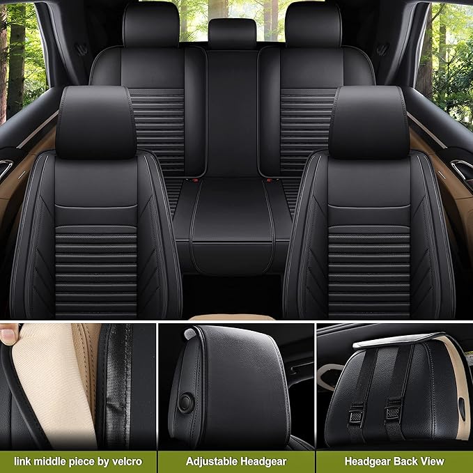 AOOG Leather Car Seat Covers, Leatherette Automotive Seat Covers for Cars SUV Pick-up Truck, Non-Slip Vehicle Car Seat Covers Universal Fit Set for Auto Interior Accessories, Full Set, Black.