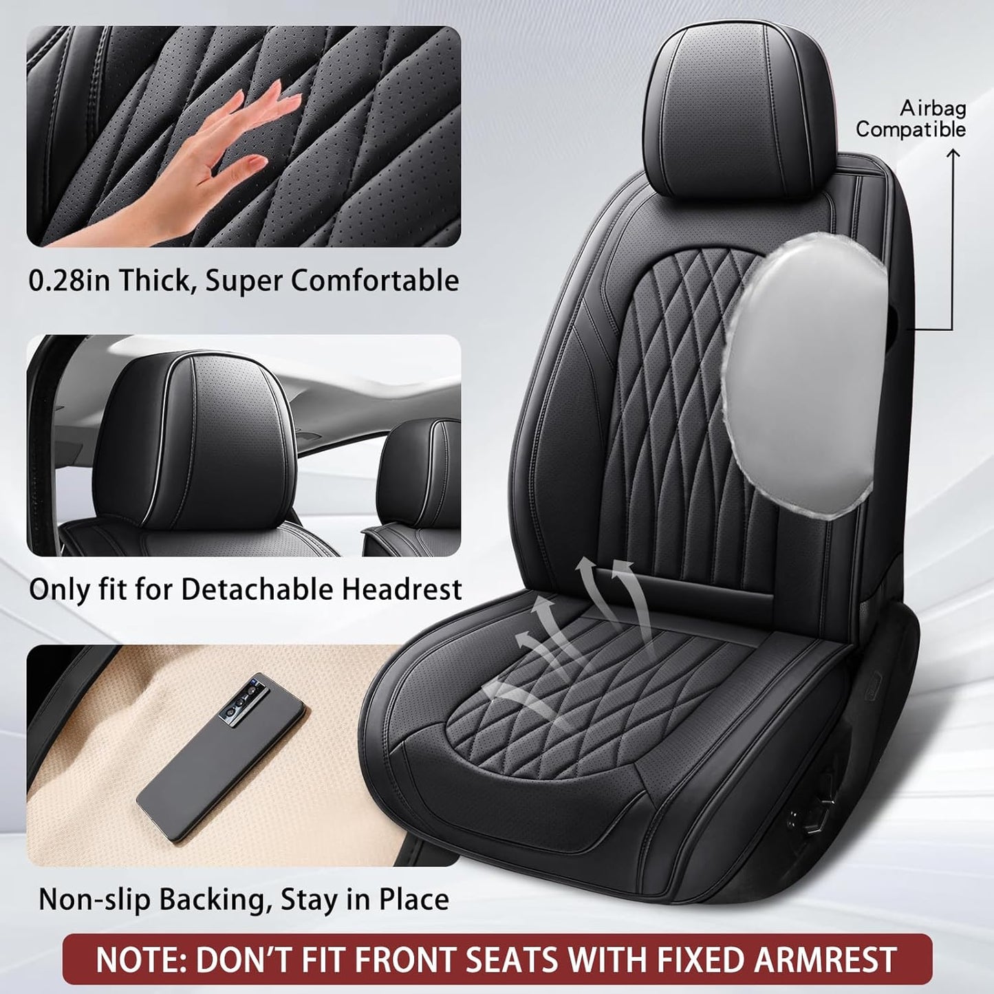 WELLDO Car Seat Covers Front Seats, Leather Seat Covers for Cars, Front Car Seat Protector Waterproof, Non-Slip Car Interior Covers Universal Automotive Seat Covers for Most Vehicle, Black