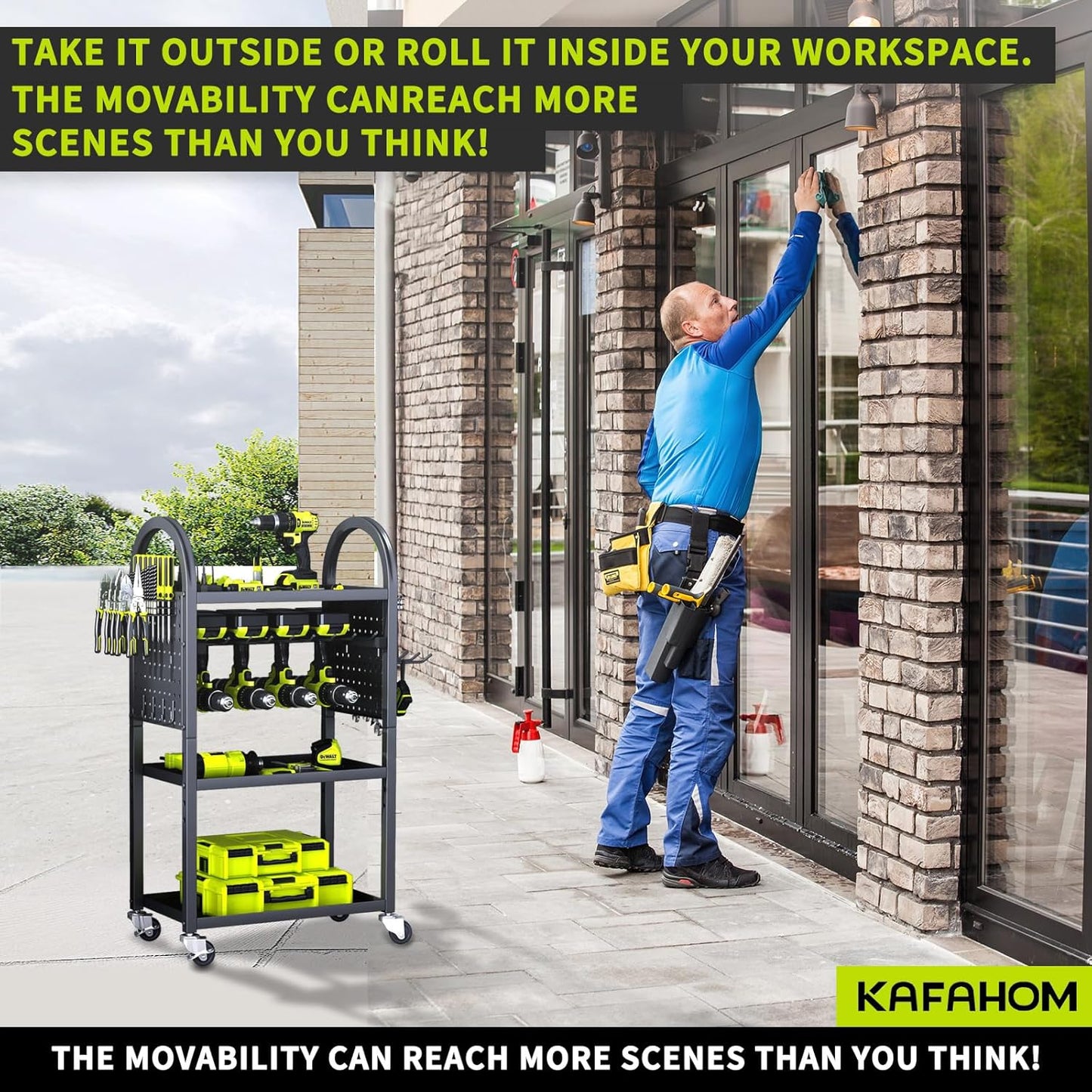 KAFAHOM Power Tool Organizer - 4 Tier Rolling Tool Cart with 8-12 Drill Holder,Tool Storage Cart on Wheels - Heavy Duty Metal Utility Tool Shelf for Garage, Workshop, Warehouse & Repair Shop