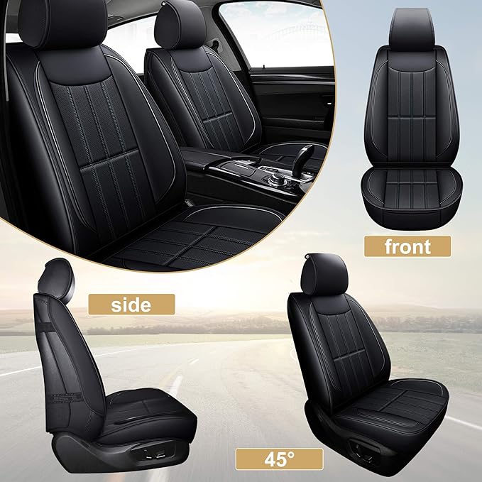 AOOG Leather Car Seat Covers for Cars SUV Pick-up Truck, Universal Full Set Black