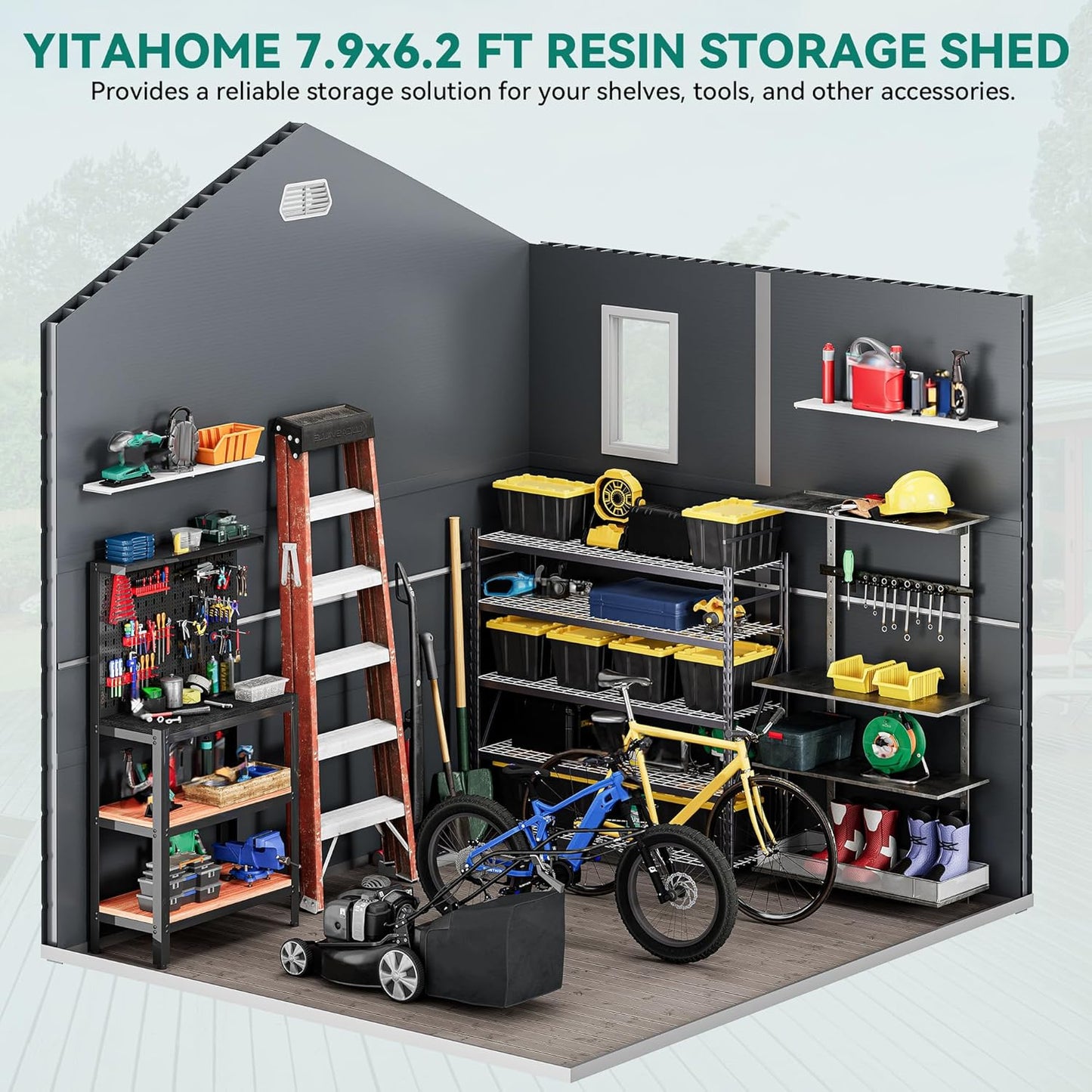 YITAHOME 8x6.2FT Outdoor Storage Shed w/o Floor, All-Weather Plastic Shed with Lockable Doors, Window & Vents, Plastic Tool Shed for Backyard, Patio, Poolside, Lawn, Gray