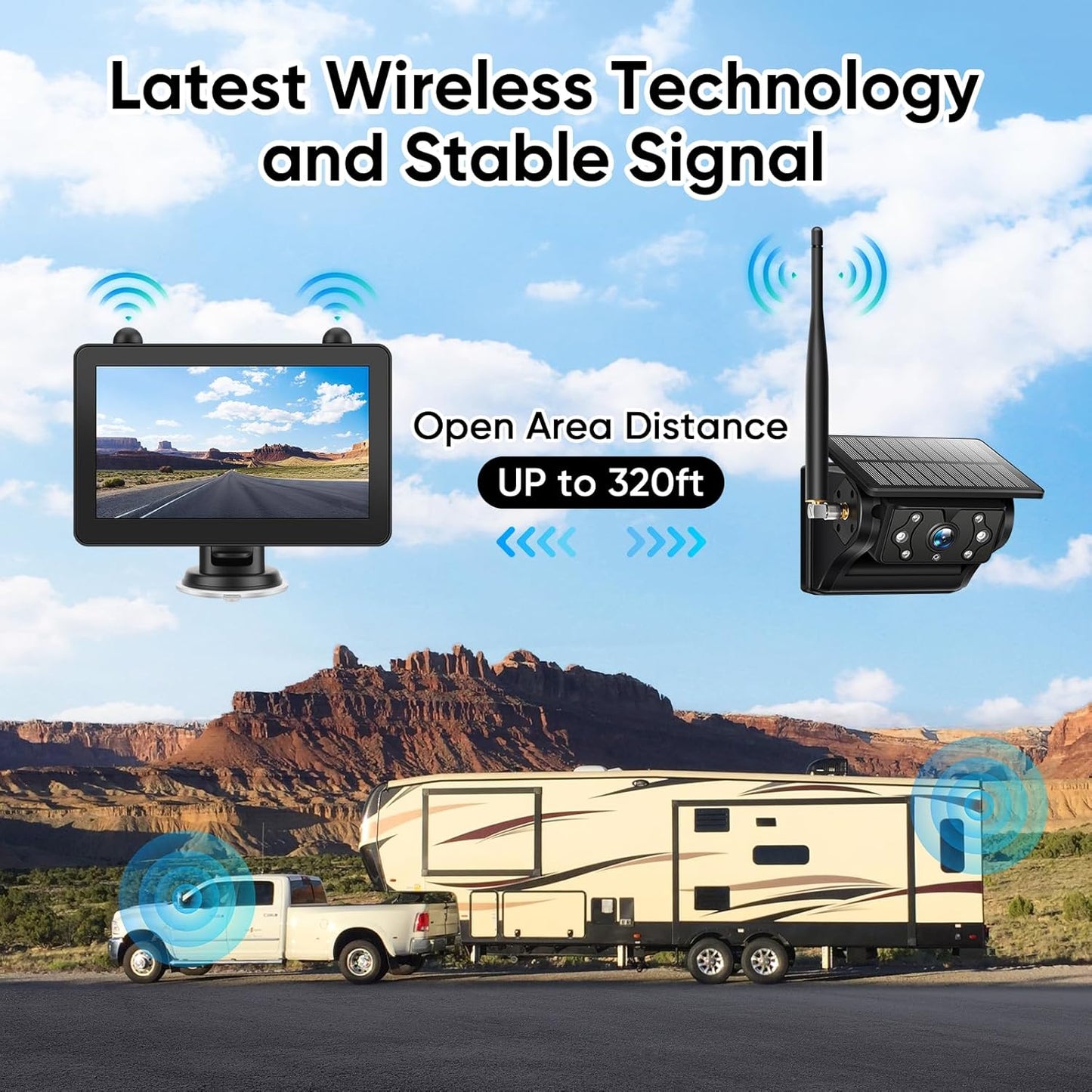 Magnetic Solar Wireless Backup Camera System with 7" IPS Touchscreen Monitor, 2K Rechargeable Auto On Off Rear View Camera with DVR Loop Recording for RV, Camper, Trailer, Trucks