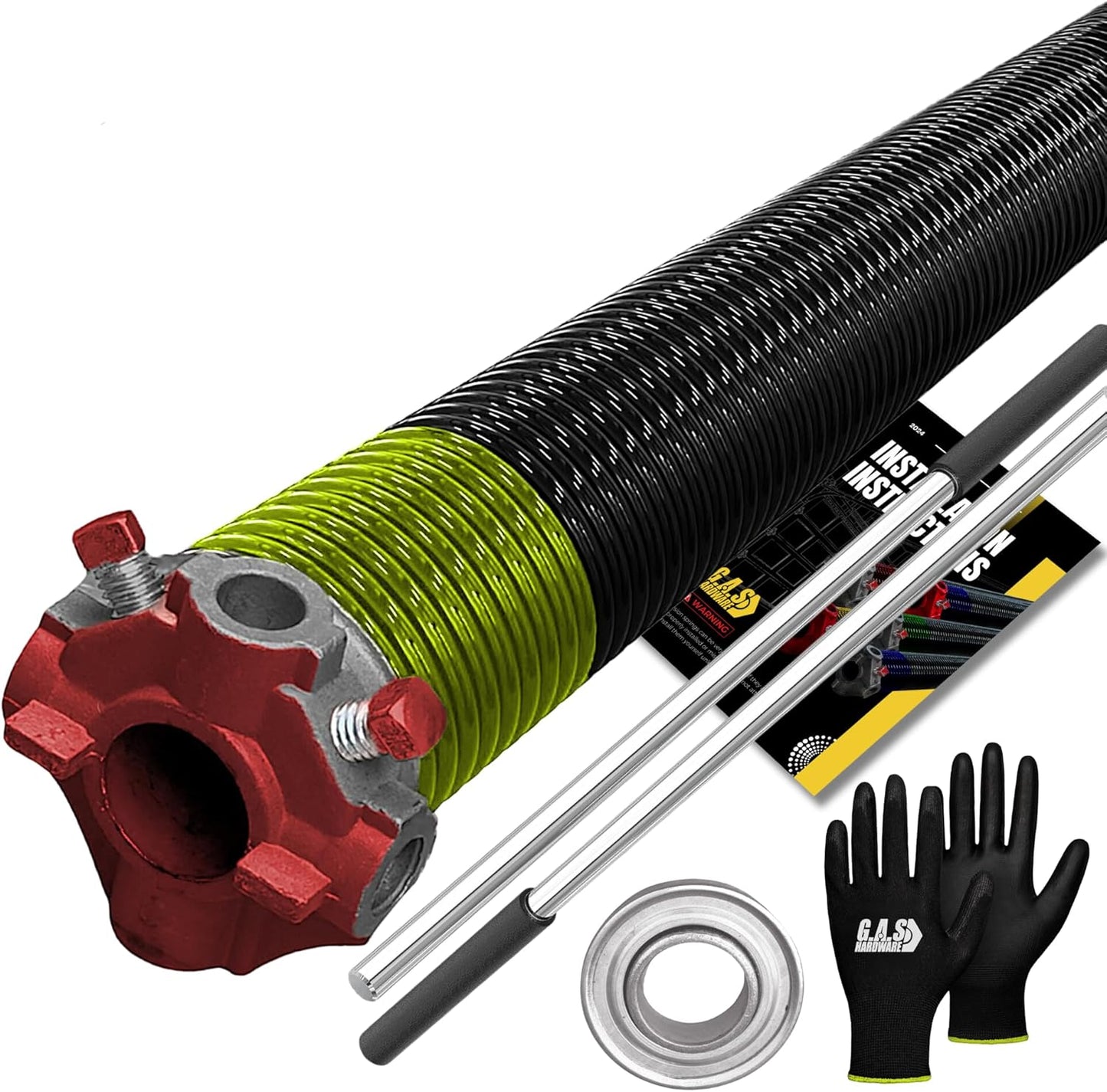 Garage Door Torsion Spring 207x1.75x25 Includes 1” Steel Bearing, Non-Slip Gloves, and Winding Bars for Left Side of Garage Door Precision E-Coating 5-Year Warranty Min. 30,000 Cycles (Red Cone)