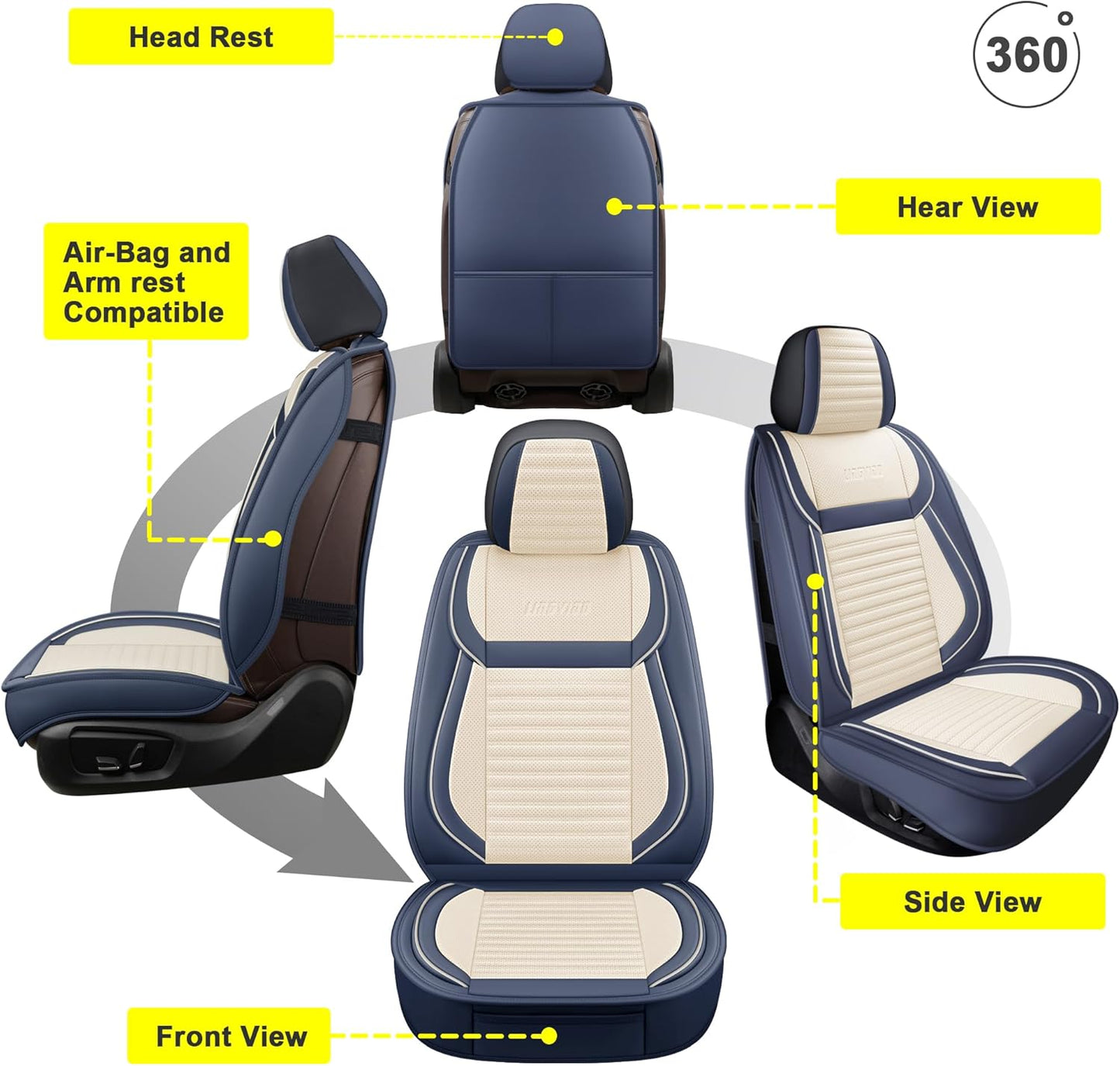 LINGVIDO Car Seat Covers, Breathable and Waterproof Faux Leather Automotive Seat Covers for Cars SUV Truck Sedan,Universal Anti-Slip Seat Cover with Backrest (Front Seat, White & Blue)