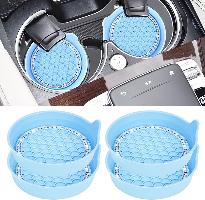 Amooca Car Cup Coaster Universal Non-Slip Cup Holders Bling Crystal Rhinestone Car Interior Accessories 4 Pack Light Blue