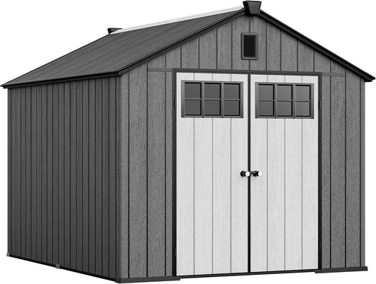 YITAHOME 8x10 FT Outdoor Storage Shed with Floor, Plastic Garden Shed for Bikes, Tools, and Pool Supplies, Outdoor Resin Shed with Lockable Doors, Windows, and Vents for Patio, Lawn, Backyard, Black