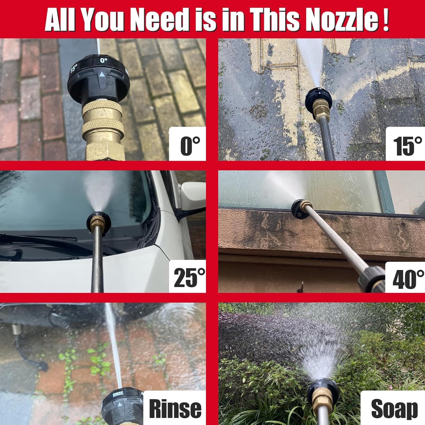 Meteor Blast Pressure Washer Nozzle, 6-in-1 Quick Change over and Adjustable, Power Washer Tips Replacement with 1/4 inch Quick Connector, MAX 4500PSI for Pressure Washer