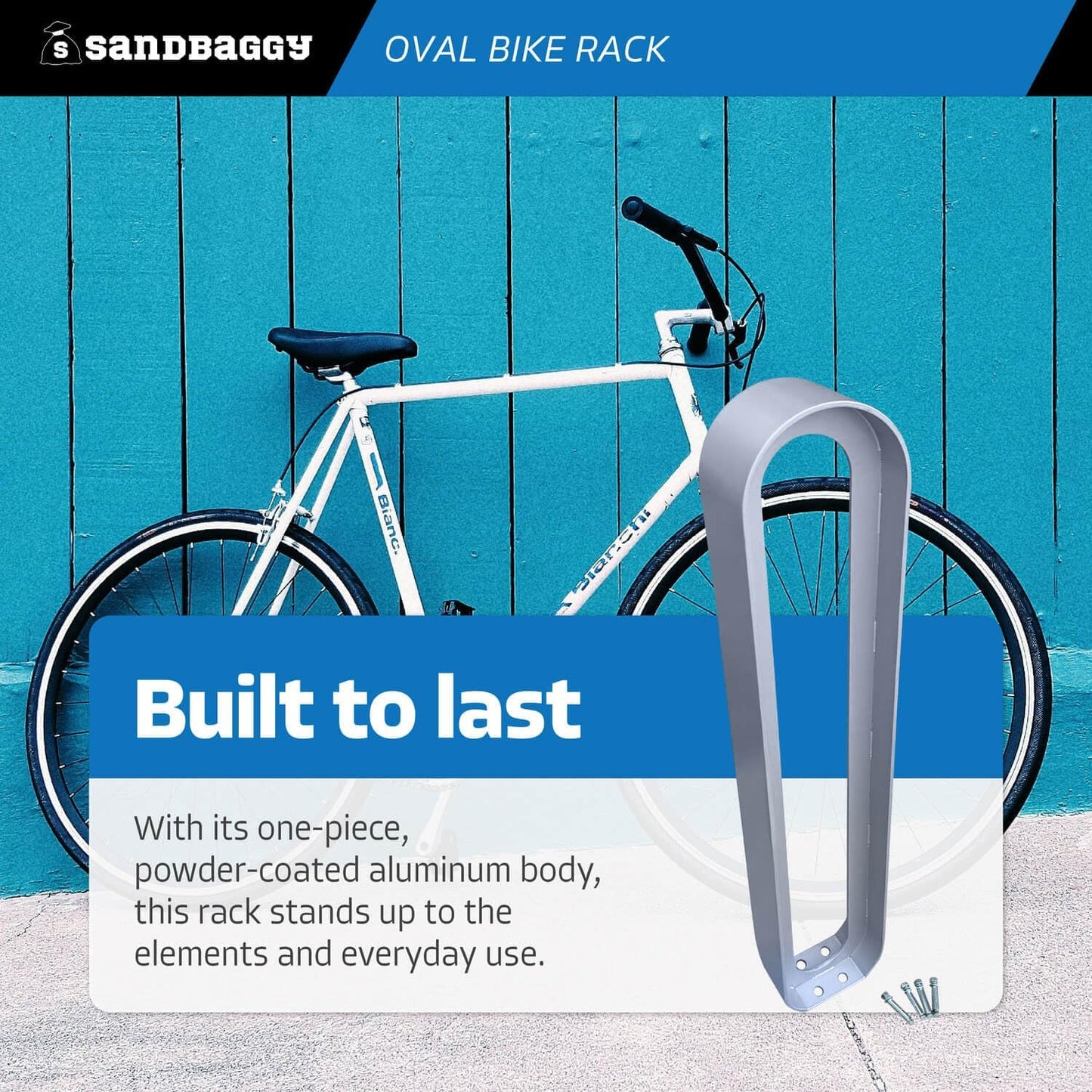 Sandbaggy Modern Commercial Bike Rack | 6.5” x 3” x 35” Oval Design | In-Ground | Anchor Bolts Included (Blue, 5)