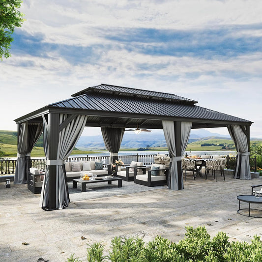 Aoxun 14' X 24' Hardtop Gazebo with Drainage System, Aluminum Outdoor Gazebo with Galvanized Steel Double Roof, Patio Permanent Metal Pavilion with Netting, for Garden, Deck, Grey