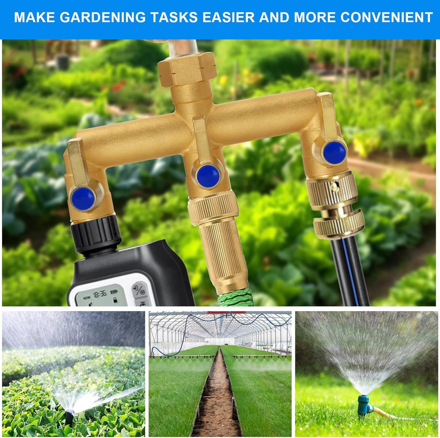 Brass Garden Hose Splitter, 3 Way Hose Splitter, Outdoor Hose Splitter, GHT 3/4 in. Female Inlet and 3 Way 3/4 in, (Increase Flow Style)