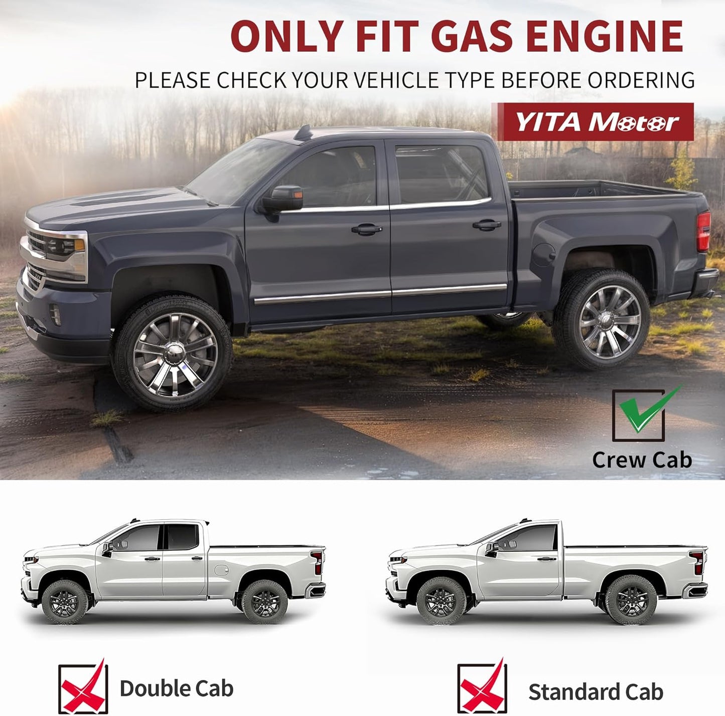 YITAMOTOR Running Boards 6 inches OE Style Aluminum Side Steps, Nerf Bars, Compatible with 2007-2018 Chevy Silverado/GMC Sierra 1500 & 2007-2019 2500HD/3500HD Crew Cab (Gas Engine ONLY), Black