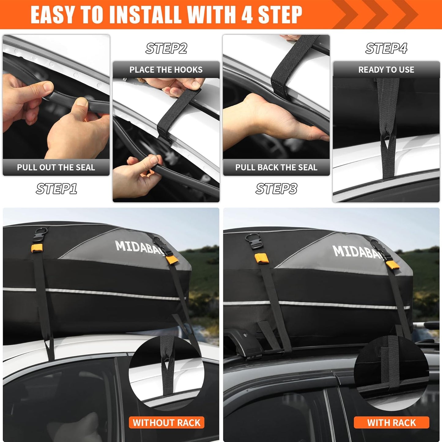 MIDABAO Waterproof Duty Car Roof Top Carrier-Car Cargo Roof Bag Car Roof Top Carrier - Waterproof & Coated Zippers- Includes Anti-Slip Mat- for Cars with or Without Racks (12 Cubic feet)