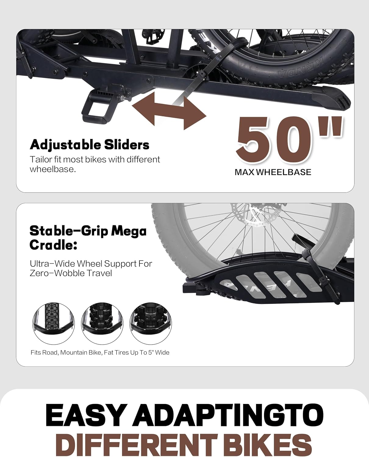 Young 250LBS. Capacity Foldable Aluminum 3-Ebike Rack with Ramp for Car SUV RV Truck Trailer and Van, Fits up to 5" Fat Tire Width and 50" Wheelbase, Ebike Carrier Rack for 2" Receiver