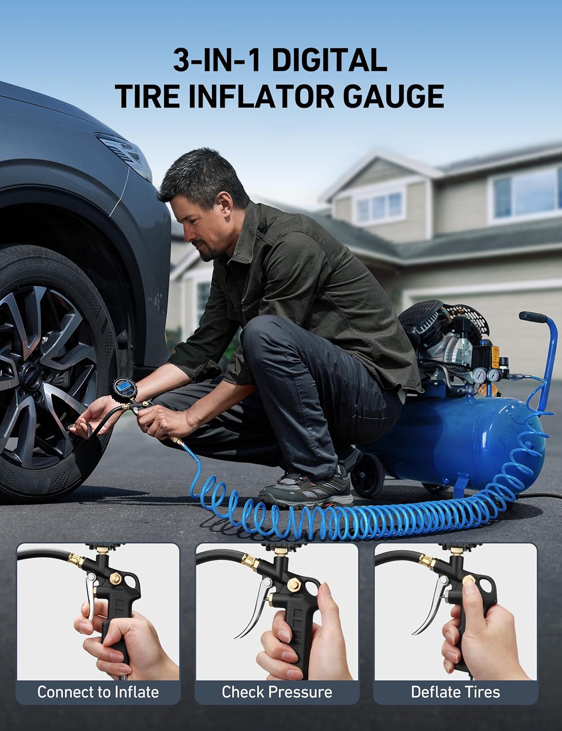 AstroAI Digital Tire Pressure Gauge with Inflator, 250 PSI Air Chuck & Compressor Accessories Heavy Duty with Quick Connect Coupler, 0.1 Display Resolution, Car Accessories, 2pack