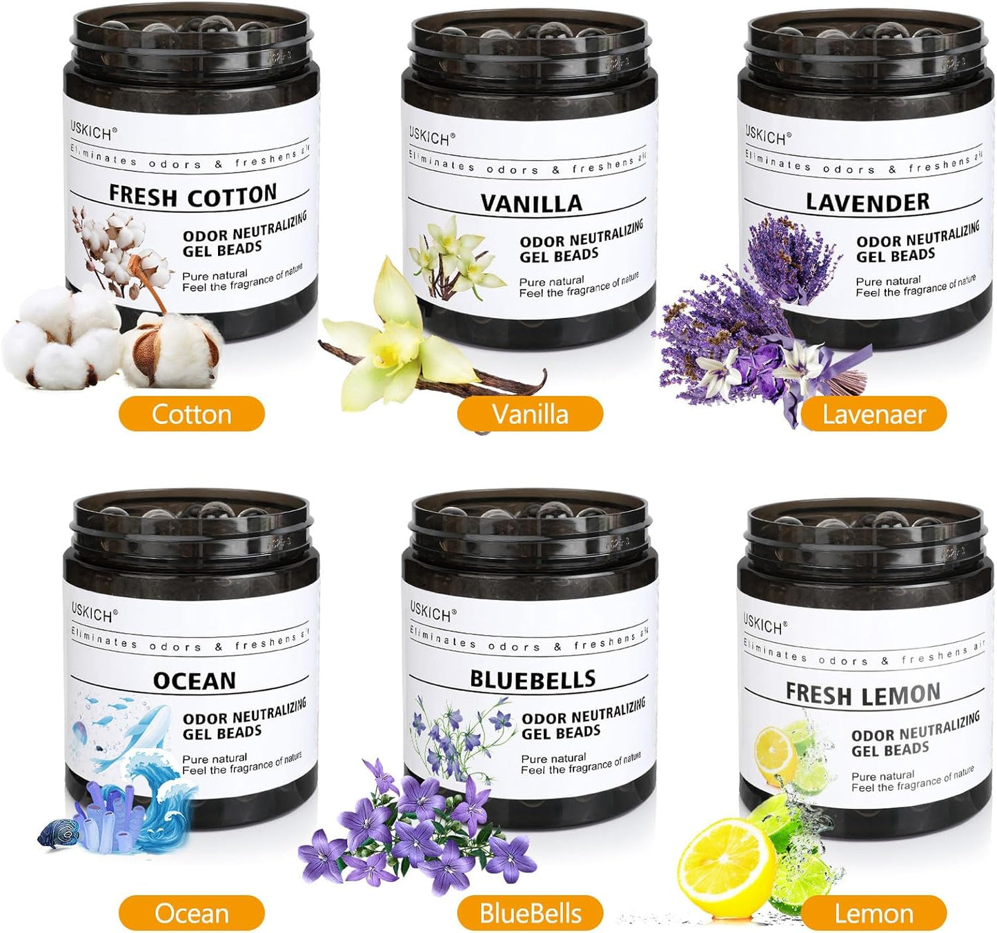 6 Pack Odor Eliminator Gel Beads, 6 kinds of fragrance Clear Air Freshener Made with Essential Oils - Eliminates Odors in Bathrooms, Cars, Boats, RVs & Pet Areas