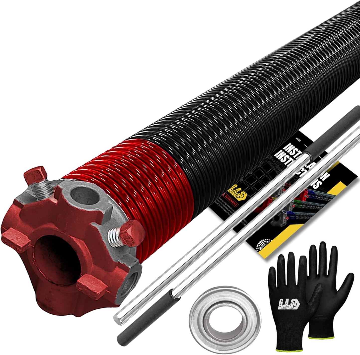 Garage Door Torsion Spring 225x1.75x27 Includes 1” Steel Bearing, Non-Slip Gloves, and Winding Bars for Left Side of Garage Door Precision E-Coating 5-Year Warranty Min. 30,000 Cycles (Red Cone)