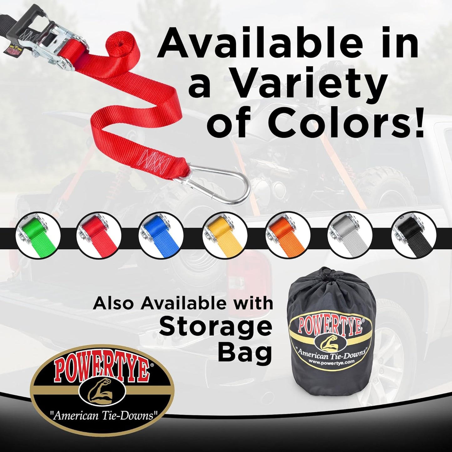 PowerTye - Made in USA - Heavy Duty Ratchet Tie Down Straps with Carabiner Hooks & Sewn-in Soft-Tye, for Motorcycle, ATV, Trailer & Cargo, 1,000 lb WLL, 1.5 inch x 6.5ft Long, Silver/Black (Pair)