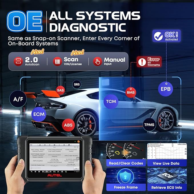 Autel Scanner MaxiCOM MK900BT: 2025 8in MK900-BT V2.0 Bidirectional Scan Tool, 33ft BT Ver. of MK900 MX900 MK808S MK808BT PRO MX808S MK808Z, 40+ Service, 3K+ Active Tests, DOIP CANFD, All System, FCA
