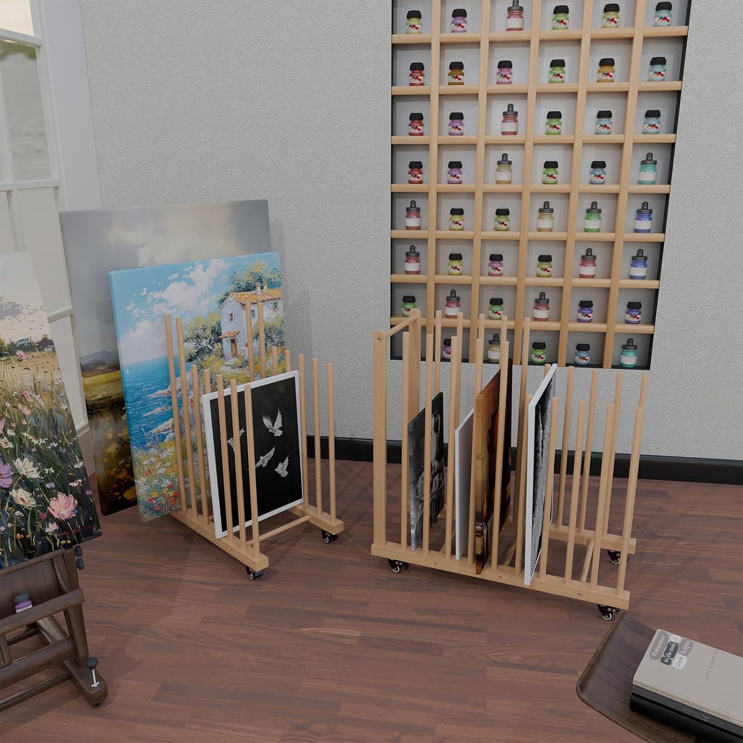 Art Storage Rack,Wood Art Drying Storage Stand with Hand&Caster Wheels , Art Canvas Storage for Art Studios,Drawing Board,Printed Matter,Gallery,Artworks