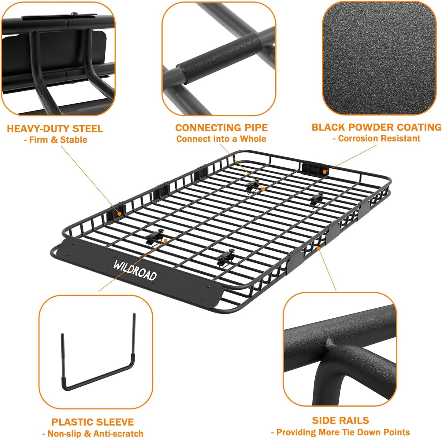 Wildroad Roof Rack Cargo Basket, Upgraded 4” Fence Wide Car Roof Basket, 84"x 50"x 4" Universal Car Top Carrier Basket with Super Duty Bungee Cargo Net and Ratchet Straps Fits for SUV Truck Cars