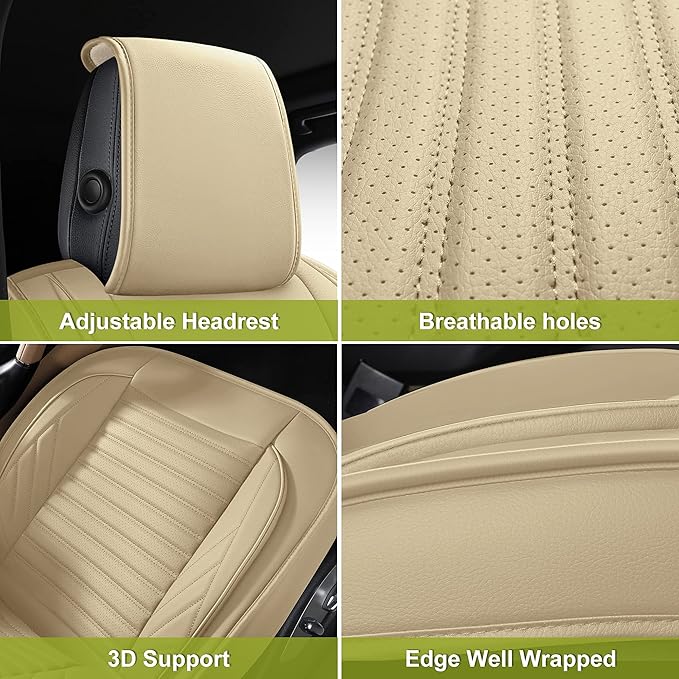 AOOG Leather Car Seat Covers, Leatherette Automotive Seat Covers for Cars SUV Pick-up Truck, Non-Slip Vehicle Car Seat Covers Universal Fit Set for Auto Interior Accessories, Front Pair, Beige
