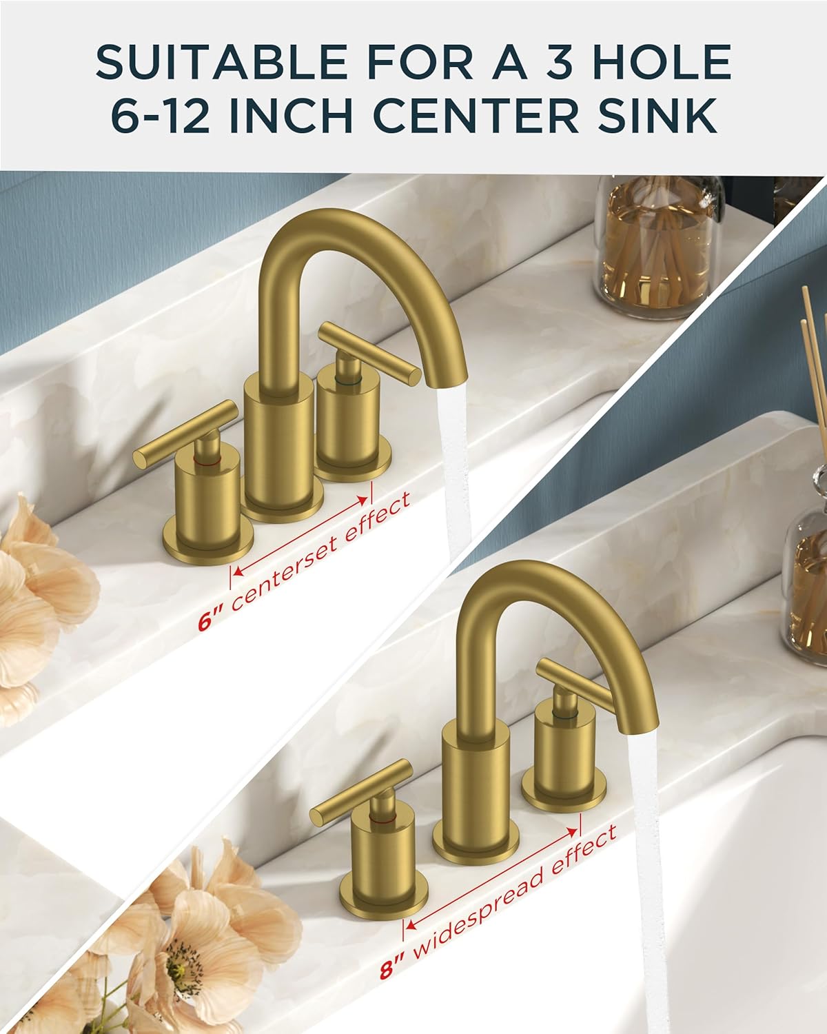 FORIOUS 8 Inch Widespread Brushed Gold Bathroom Faucet 3 Hole, 2 Handle Gold Sink Faucet Bathroom Vanity with 360 Degree Swivel Spout, with Metal Pop Up Drain and cUPC Supply Line, for 6 to 12 In Sink
